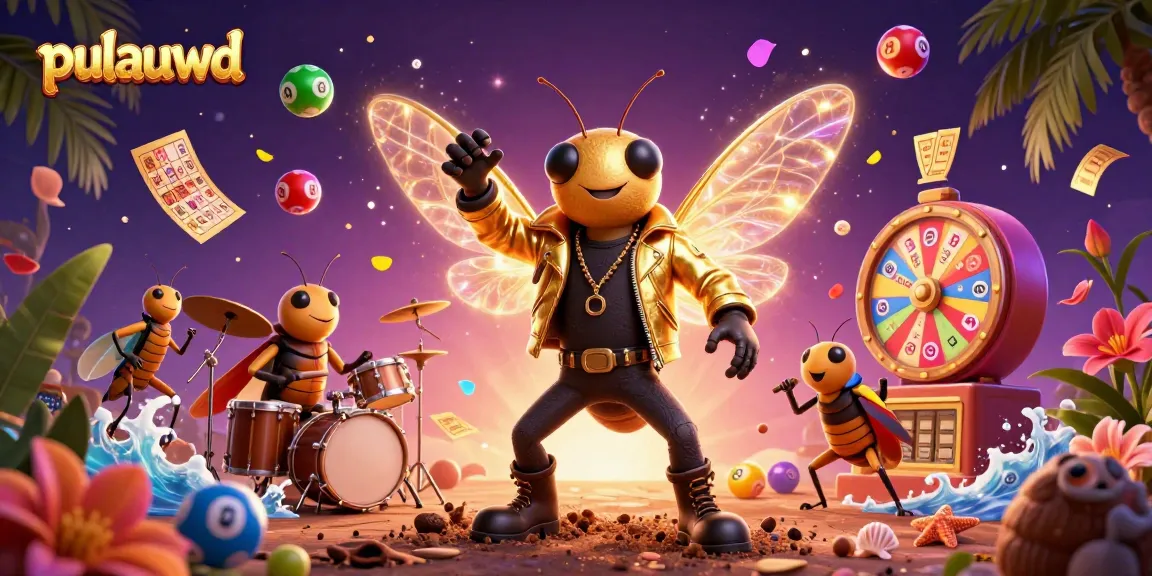 Experience the excitement of pulauwd with a lively 3D casino scene featuring a cicada rock star and vibrant game elements.