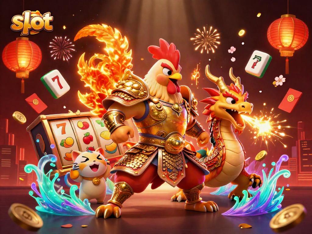 Experience thrilling slot action with a winning rooster warrior battling for jackpots and cheering fortune.