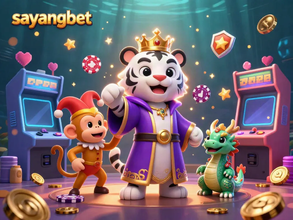 Experience the thrill of sayangbet with a dynamic scene showcasing an elegant tiger, playful monkey, and jade dragon amidst arcade games and casino elements.