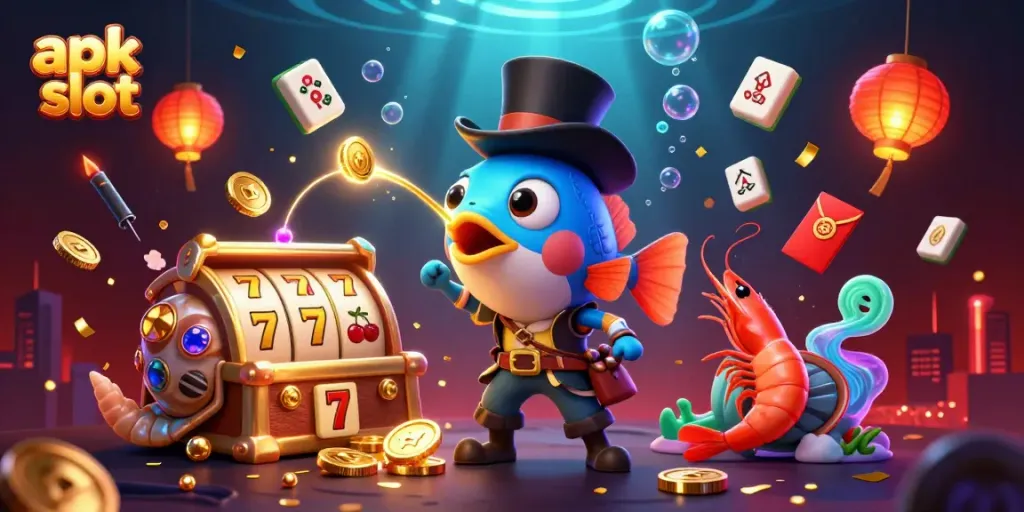 Slot gacor apk slot menampilkan ikan pemancing pemandu dan karakter menarik lainnya dalam suasana meriah.