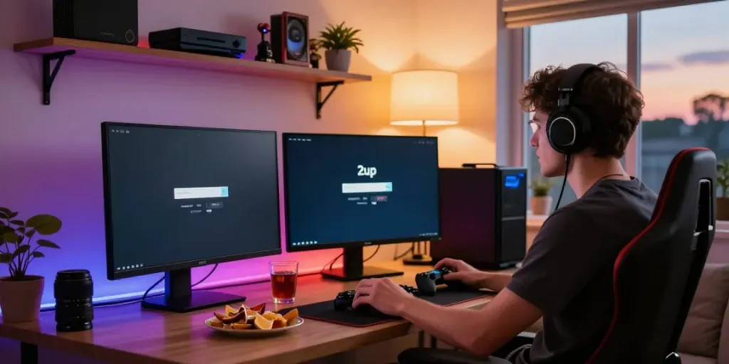 Engaged player using 2up login on a gaming monitor in a cozy setup.