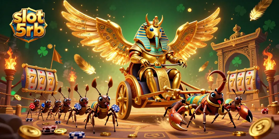 Engage in slot 5rb gameplay with a dynamic scene of a golden beetle and scorpions surrounded by betting tokens.