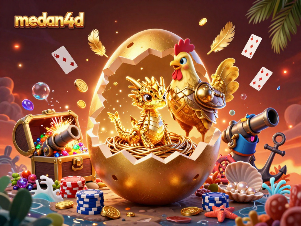 Mainkan medan4d dengan ilustrasi kasino penuh warna yang menampilkan naga emas dan permainan kartu.