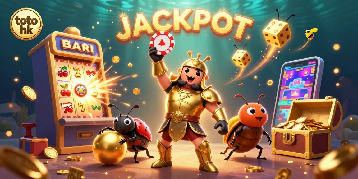 Bermain toto hk dengan keberuntungan, simbol slot dan uang emas yang melimpah di sekitar.