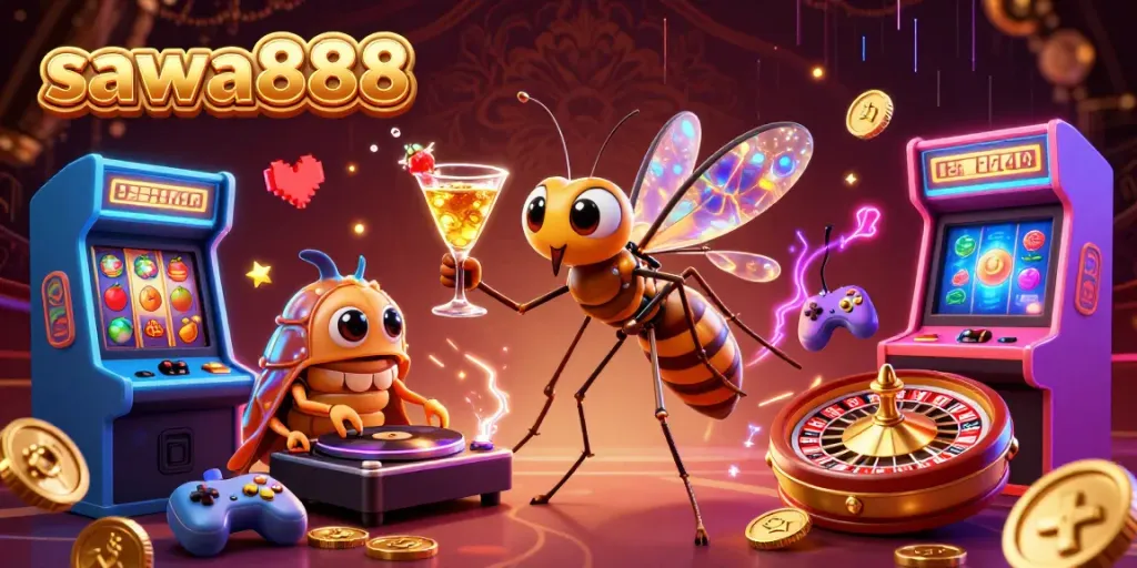 sawa888 casino illustration showcasing vibrant gaming elements and characters in a dynamic scene