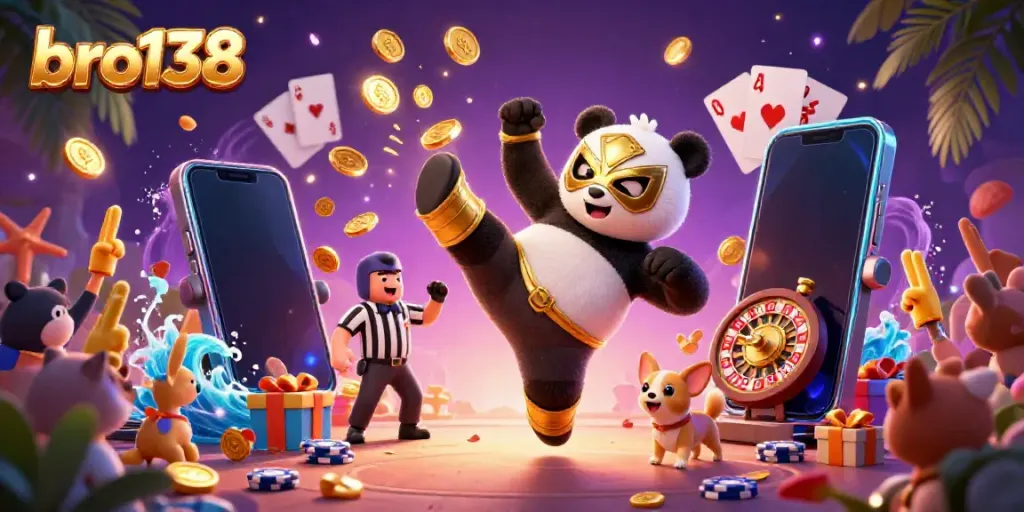 Experience thrilling spins and golden wins at bro138 with animal characters in a dynamic casino scene.