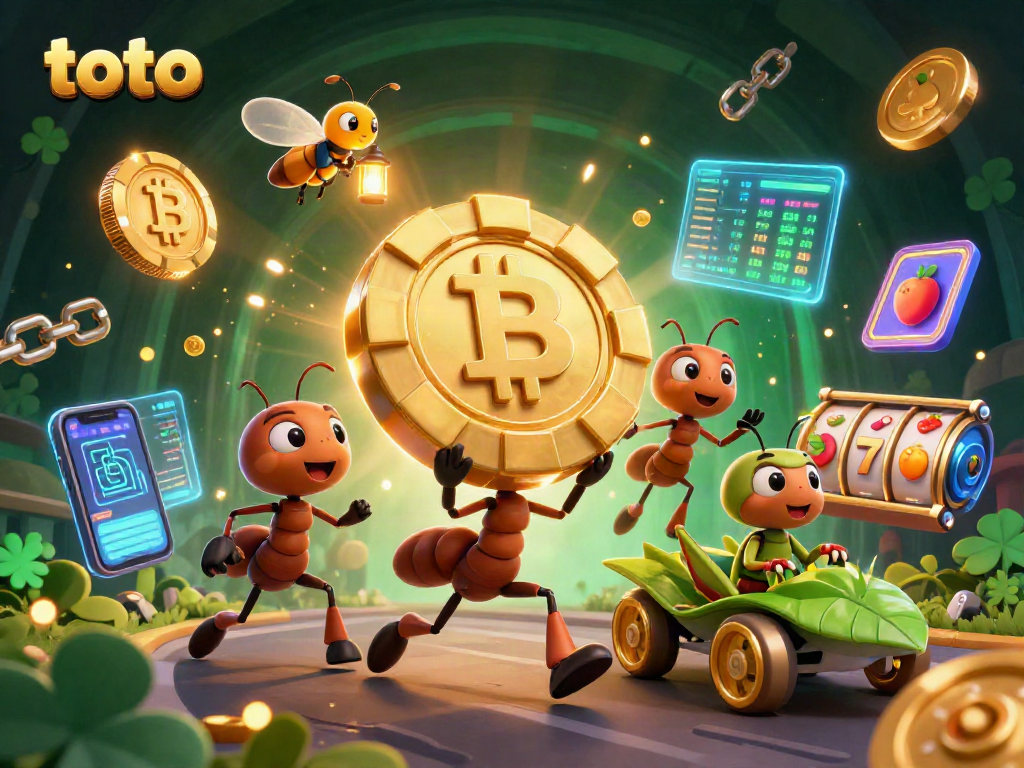 Ant team menjalankan misi membawa chip poker emas di dunia toto yang penuh dengan koin kripto dan simbol slot.