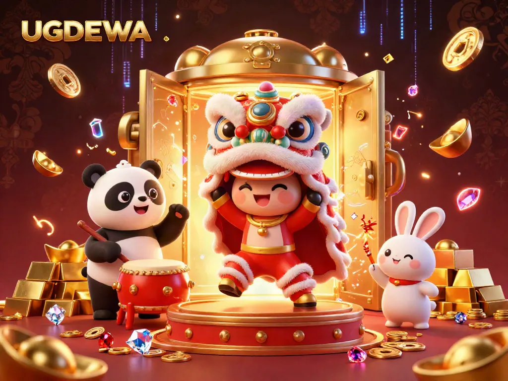 Engage with UGDEWA's vibrant online lottery experience through a captivating scene of festive celebration and dazzling riches.