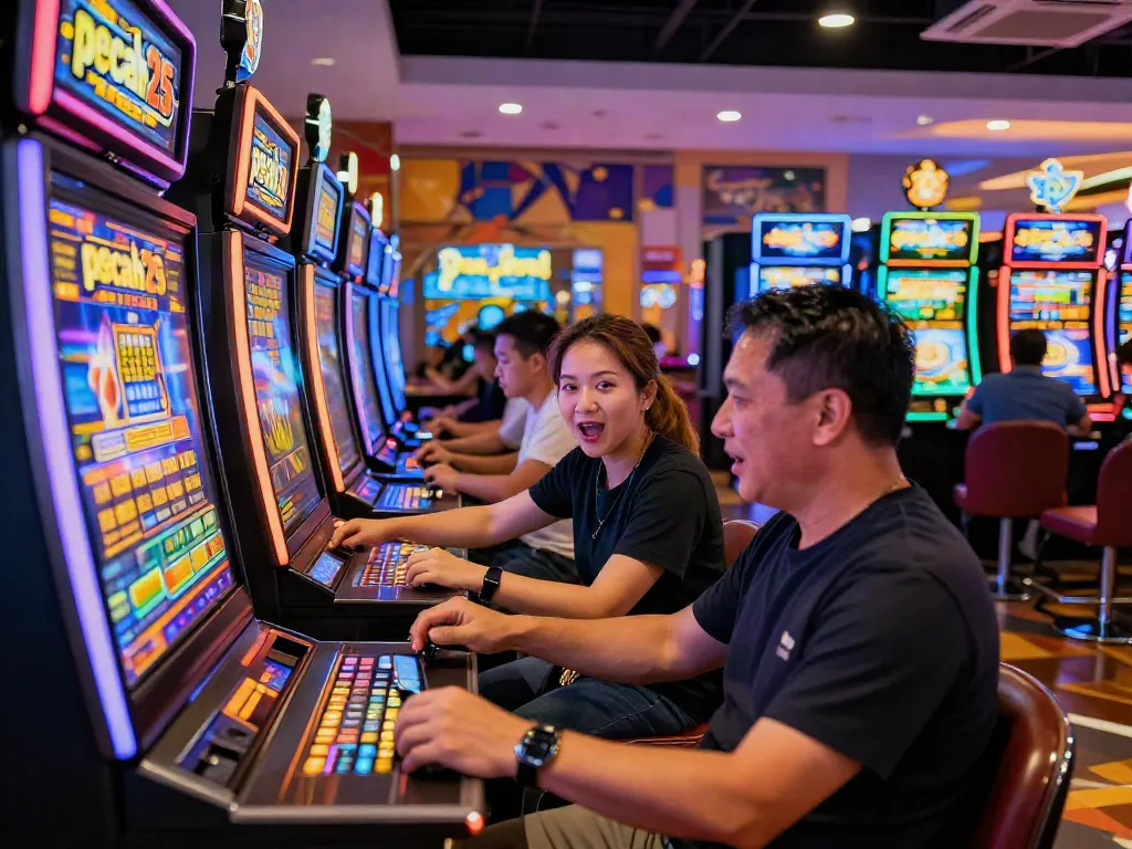 Pengalaman bermain "pecah25 slot" di kasino modern dengan pemain yang antusias dan mesin slot berwarna-warni.