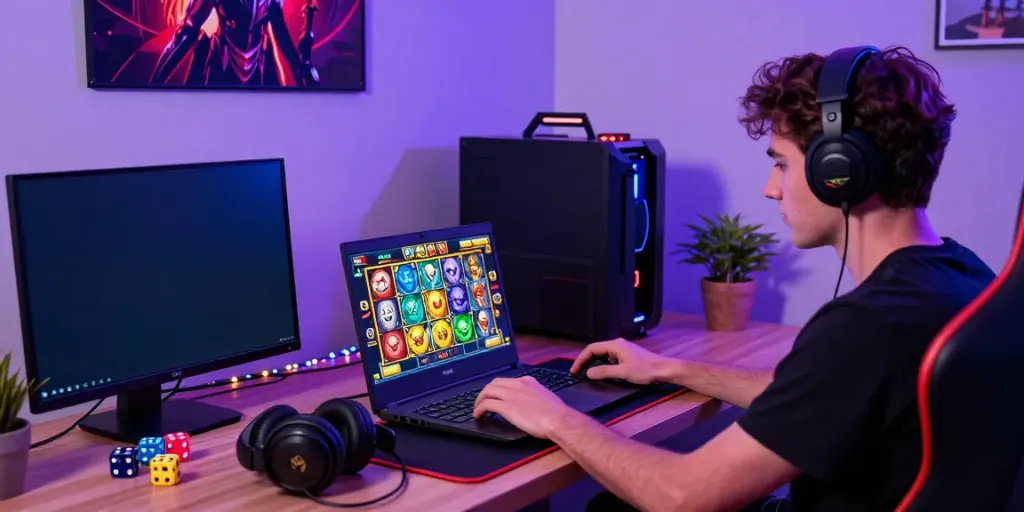 Gamer menikmati pengalaman bermain hoki99 dengan laptop dan perangkat gaming di ruangan nyaman