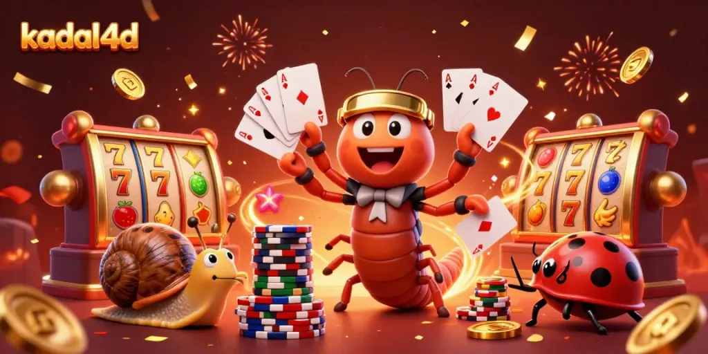 Experience the thrill of kadal4d as a playful millipede dealer fans cards, surrounded by vibrant slot symbols and festive decorations.