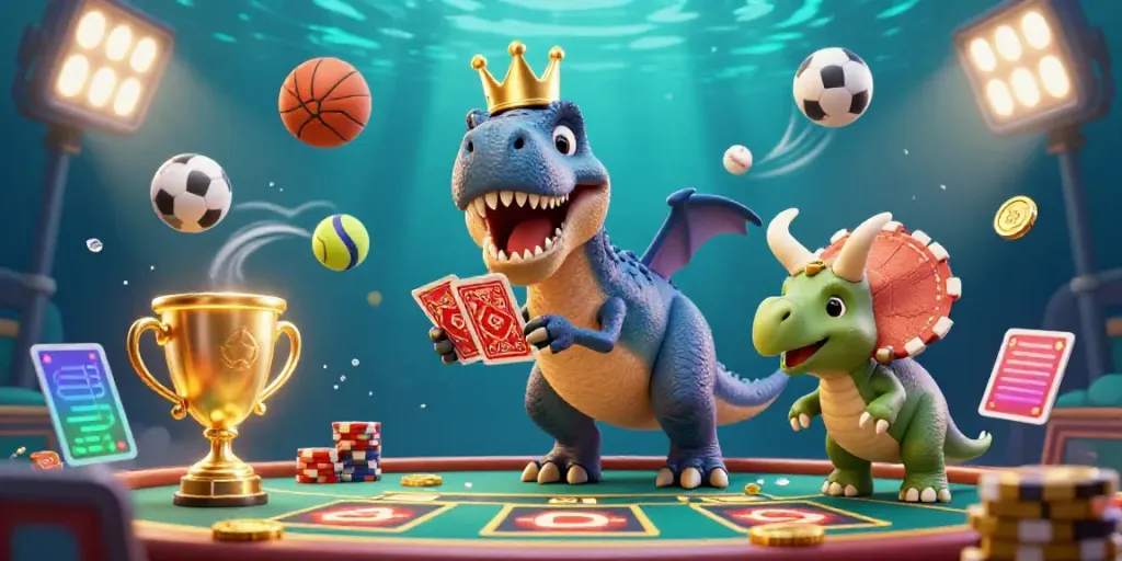 Join the fun at U888 as cartoon dinosaurs play cards and stack chips in a vibrant casino scene.