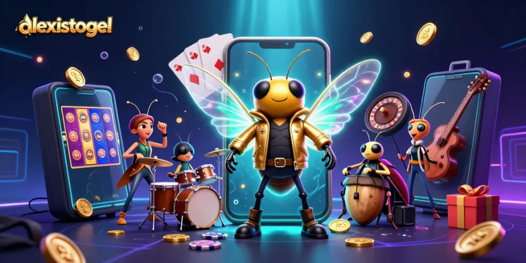 Ilustrasi 3D cicada rocker dan drummer menyerukan semangat permainan slot, menggambarkan keseruan di dunia perjudian alexistogel.