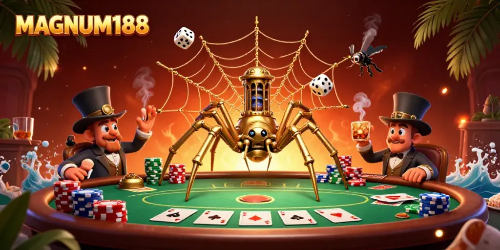 Play exciting games at MAGNUM188, featuring a golden spider, poker chips, and engaging characters.