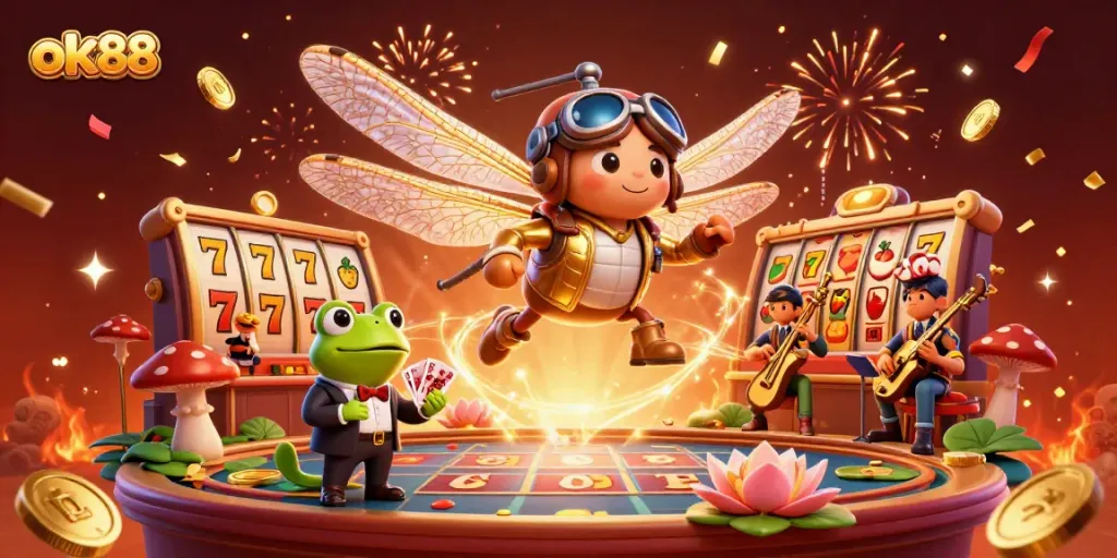 ok88 themed casino scene with a dragonfly pilot, frog dealer, and jazz crickets, filled with slot game elements.