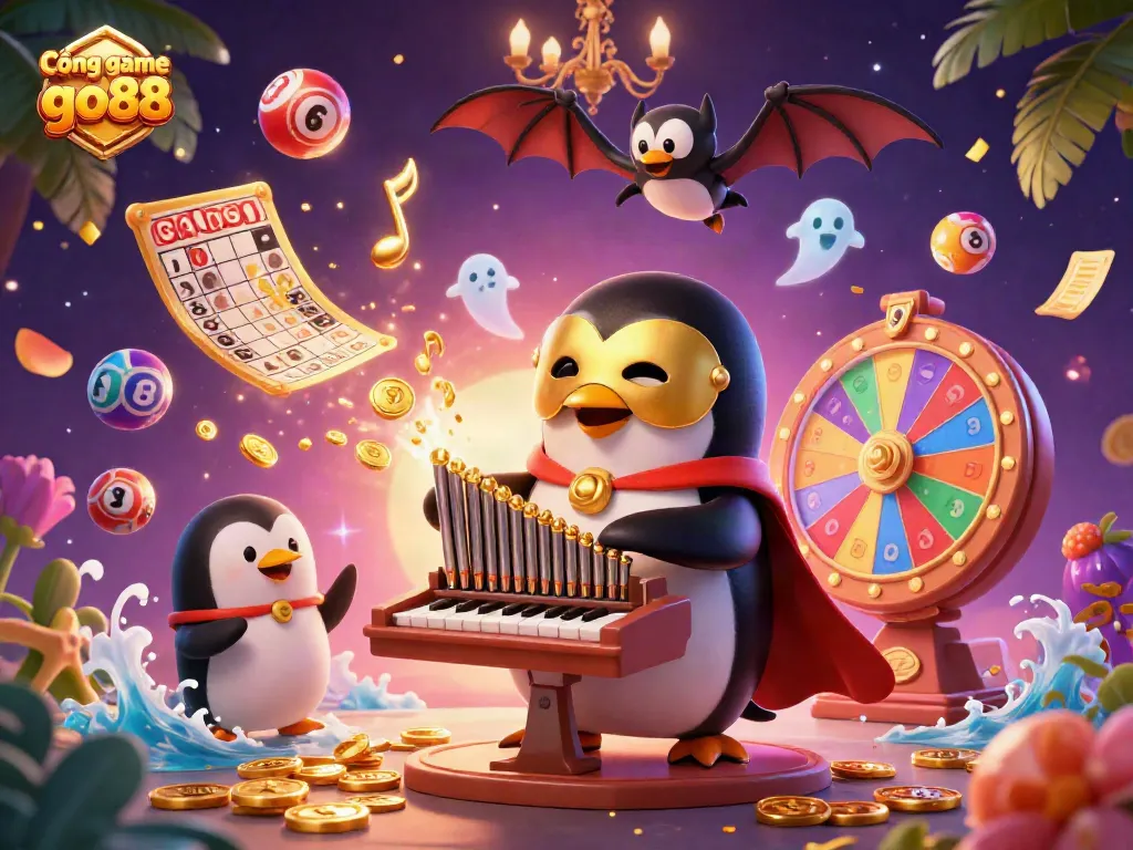 Cổng game go88 showcases a vibrant scene with a penguin and bat in a dynamic casino atmosphere, featuring lottery balls and golden coins.