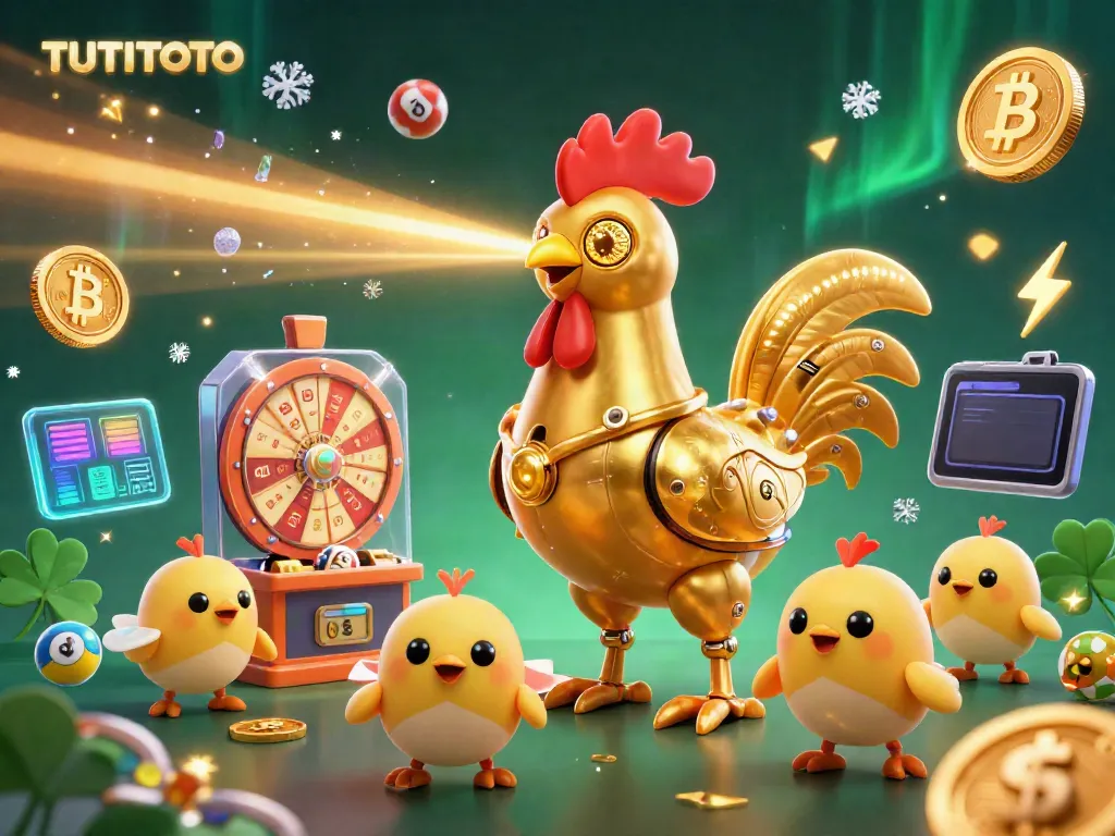 Experience TUTITOTO's vibrant lottery gameplay with a retro-futuristic rooster robot and dynamic winnings.