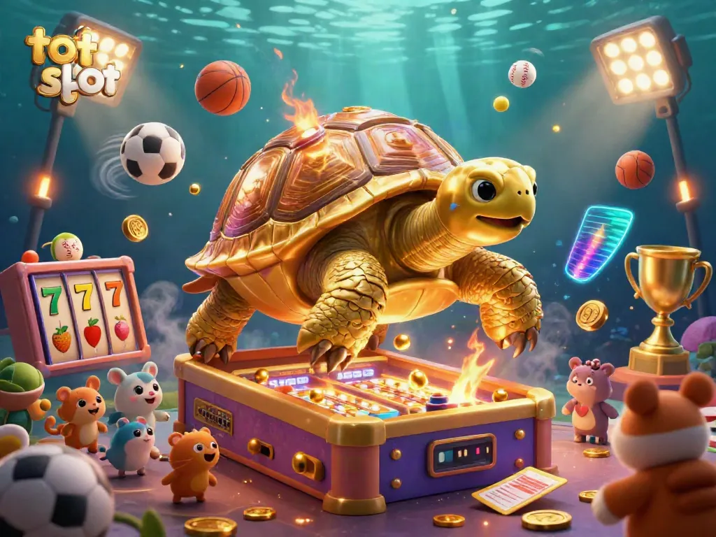 Permainan toto slot menyenangkan dengan kura-kura emas dan elemen slot yang dinamis.