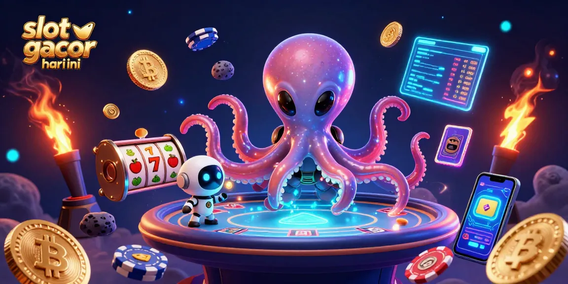 Mainkan slot gacor hari ini dengan alien dan robot dalam ilustrasi kasino futuristik.