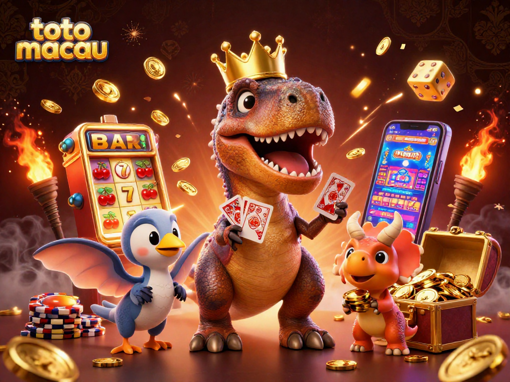 Aktifkan tantangan di toto macau dengan T-Rex, pterosaurus, dan triceratops dalam ilustrasi kasino 3D.