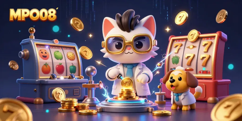 MPO08 showcases a lively casino scene with a mad scientist cat and dog, emphasizing engaging slot gameplay.