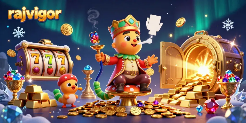 Rajavigor slot scene showing a vibrant caterpillar hookah-master and dynamic game elements.