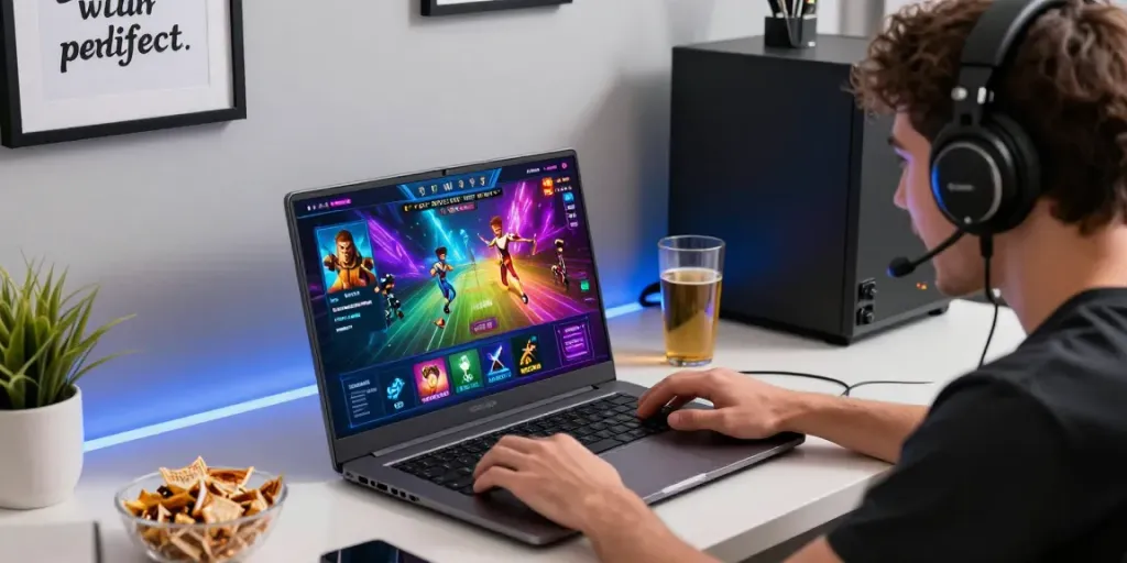 Permainan natunatoto online yang menarik dengan pemain antusias di laptop, grafik permainan dan suasana modern.
