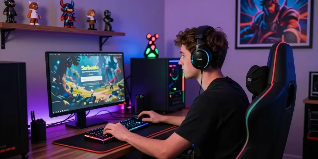 Gamer fokus menggunakan Seributoto Login di ruang permainan modern dengan pencahayaan RGB.
