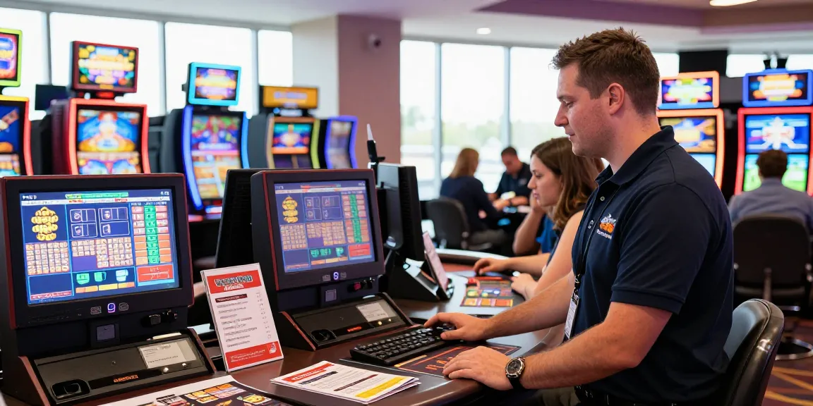 Customer service at ling4d helpdesk in a modern casino, vibrant gaming machines in the background.