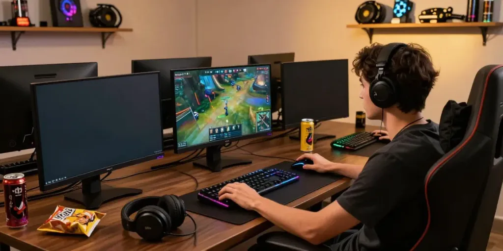 Gambaran suasana pengaturan gaming profesional dengan KANTORBOLA login pada monitor, gamer serius di meja modern.