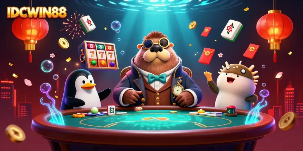 Experience the vibrant energy of IDCWIN88 with a jolly walrus at a poker table!