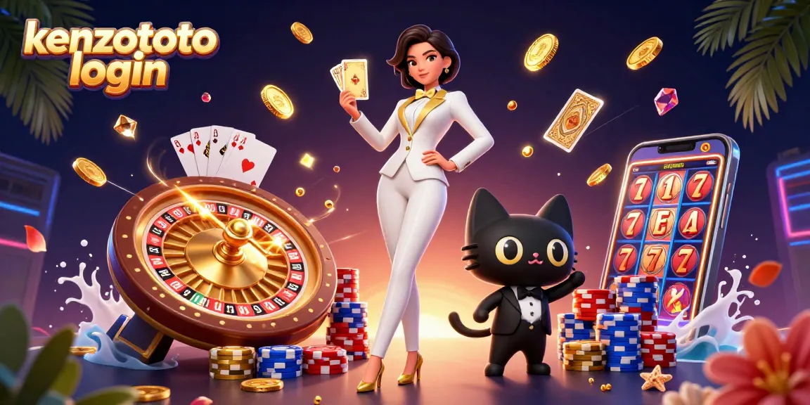 Engage with kenzototo login featuring a glamorous woman shuffling cards next to a stylish cat amidst dynamic casino elements.
