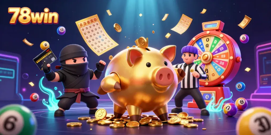 78win's dynamic casino scene features vibrant lottery elements and animated characters in action.