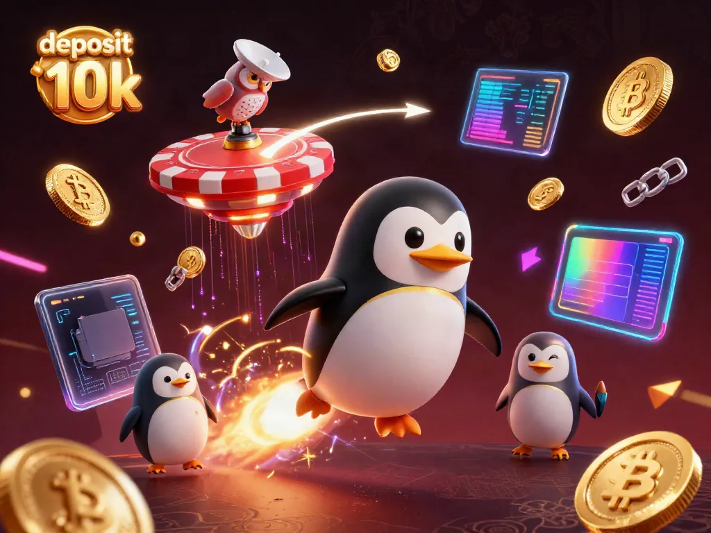 Visualisasi tema deposit 10k dengan penguin emas dan elemen kasino menarik.