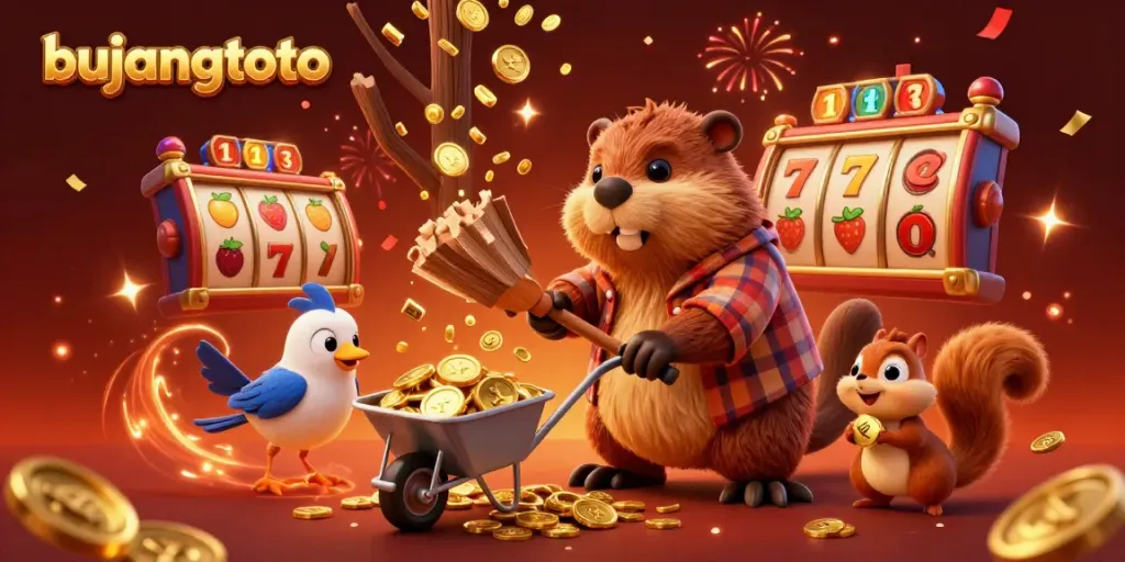 Join the excitement at bujangtoto with a playful beaver, collecting coins, surrounded by vibrant casino elements and rewards.