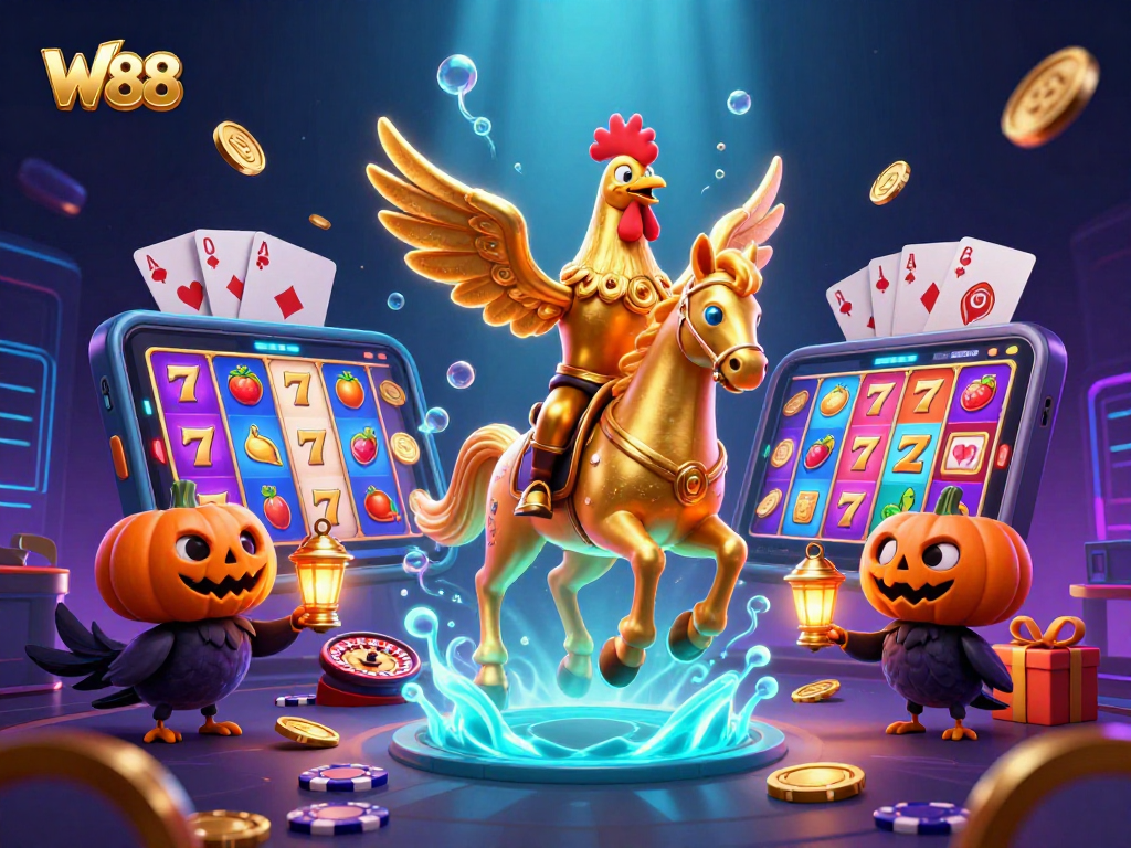 Engage with W88's captivating slots and casino games in an electric casino scene.