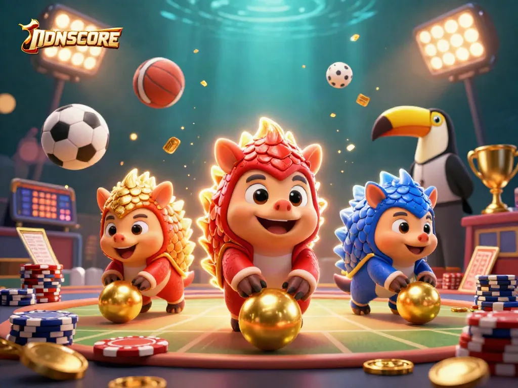 IDNSCORE elevates the gameplay with dynamic 3D pangolins competing among gold coins and chips.
