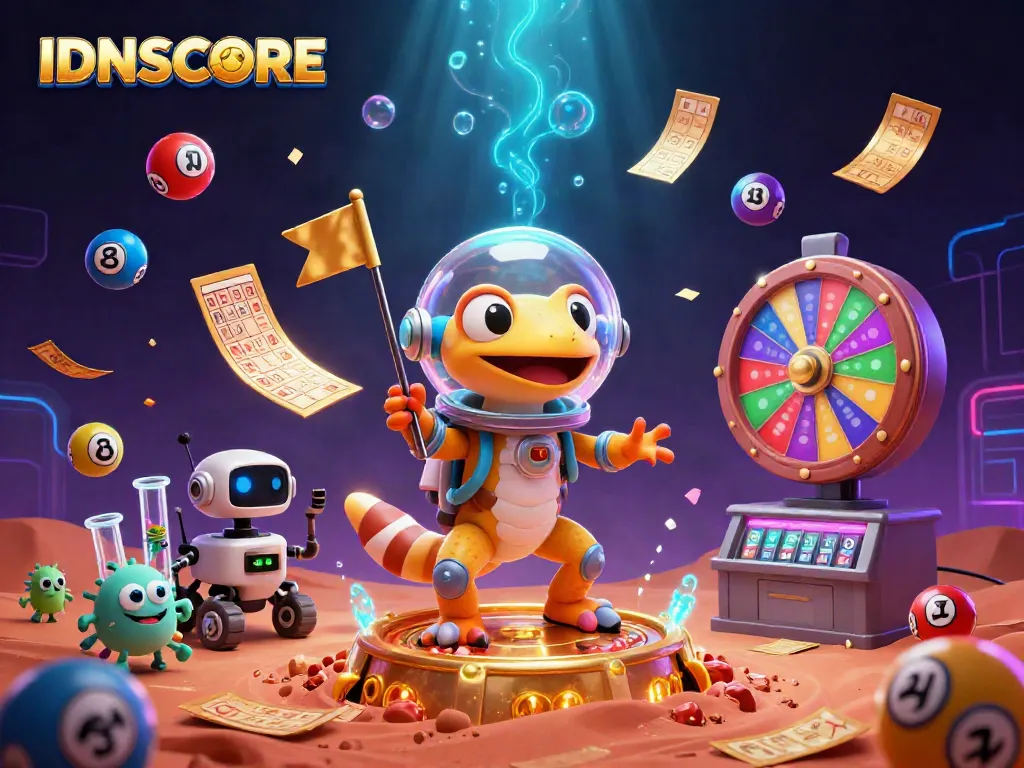 Experience the thrill of IDNSCORE with a 3D Martian gecko exploring a golden casino amidst vibrant game elements.
