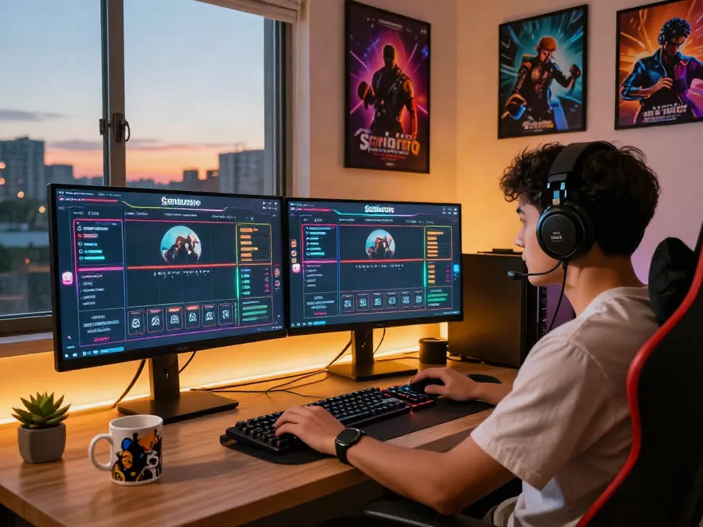 Engaged gamer exploring Seributoto betting platform at stylish home office.