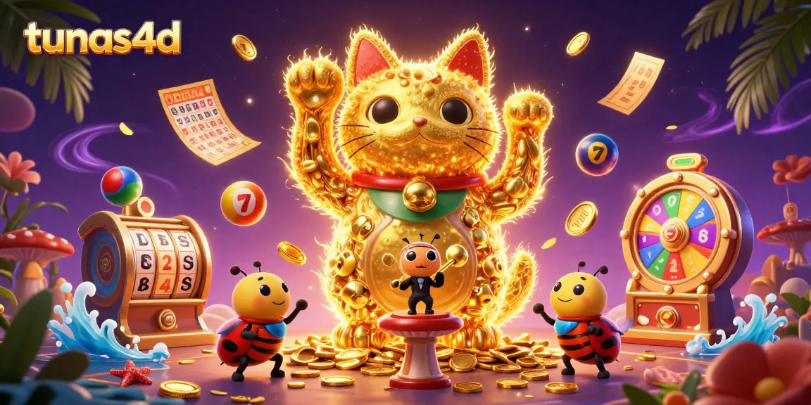 Experience tunas4d's vibrant casino world with dynamic colorful elements and a lucky cat.