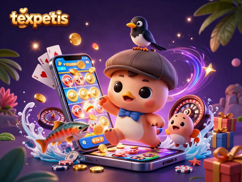 Engage in thrilling slots gaming with texpertis, featuring a whimsical 3D scene of cartoon Nessie and friends.