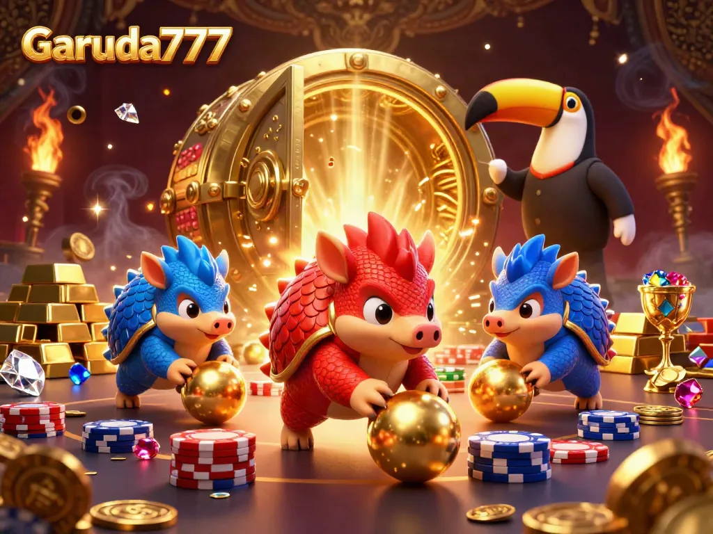 Garuda777 menampilkan pangolin yang bersaing dalam permainan slot dengan harta karun dan efek cahaya berkilauan.