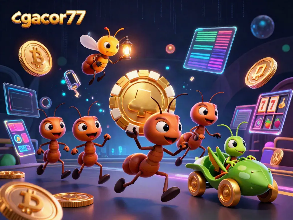 Gacor77 menghadirkan ilustrasi berwarna cerah dengan karakter semut mencuri poker chip emas, simbol slot, dan koin cryptocurrency.