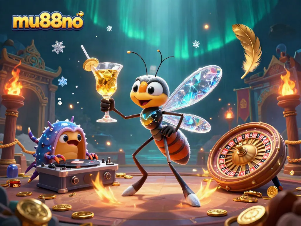 Experience thrilling gameplay at mu88no with a cartoon casino mascot, spinning wheels, and vibrant casino elements.