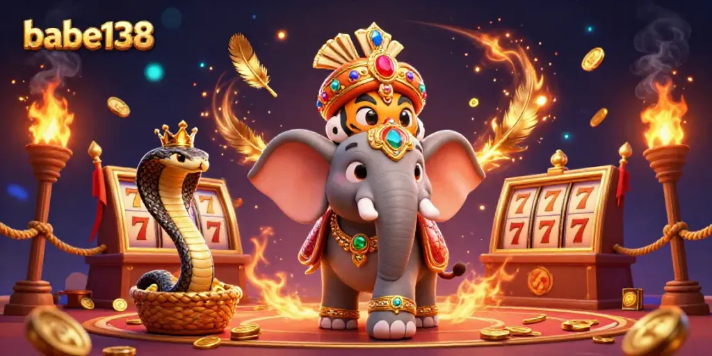 Menangkan peluang di babe138 dengan ilustrasi kasino megah yang menggambarkan harimau maharaja, gajah berkerajinan, dan elemen permainan slot.