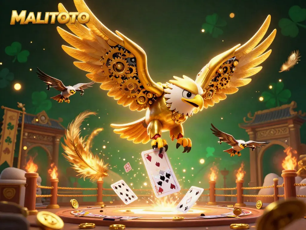 MALITOTO showcases a cybernetic eagle diving through holographic cards in a vibrant casino scene.