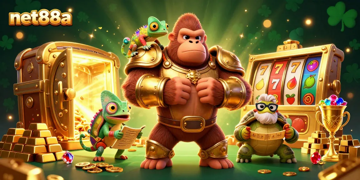 Experience excitement with net88a's vibrant 3D casino illustration featuring unique characters and slot machines.