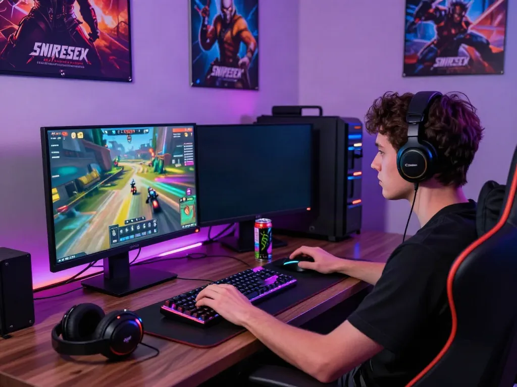 Pengguna sniperslot bermain di ruang gaming modern dengan peralatan canggih.