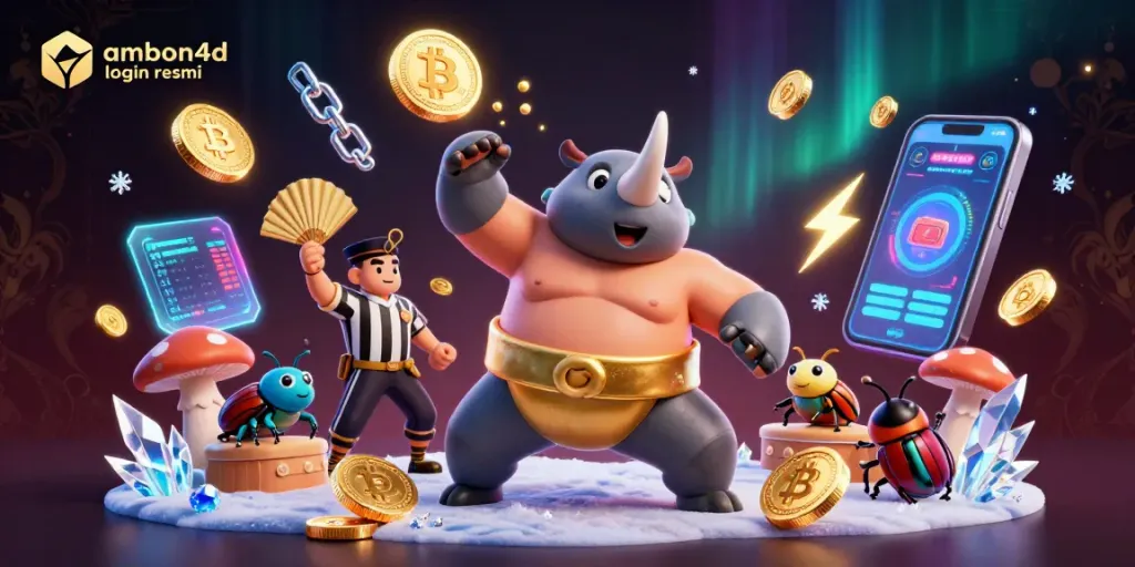 Engage with ambon4d login resmi through a vibrant casino scene with animated beetle characters.