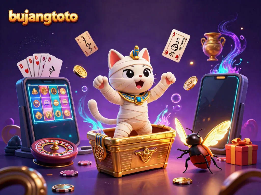 Experience bujangtoto's vibrant gaming scene with a charismatic Egyptian mummy cat and golden treasures.